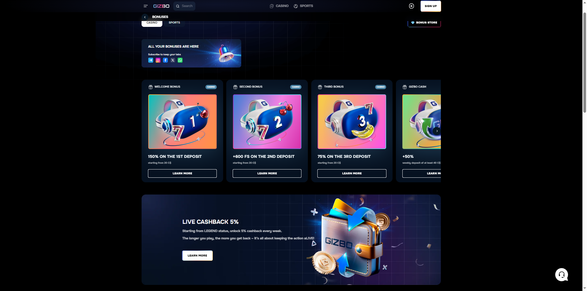 Gizbo casino bonuses and lobby