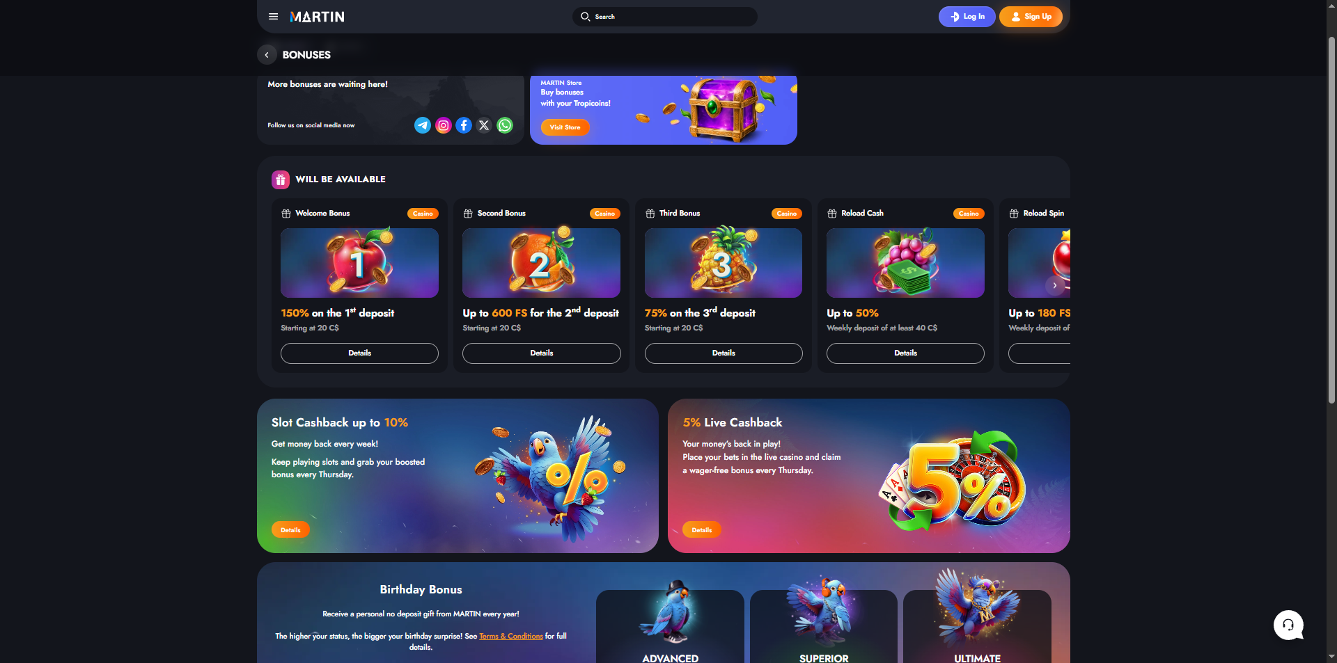 Martin Casino bonuses and lobby